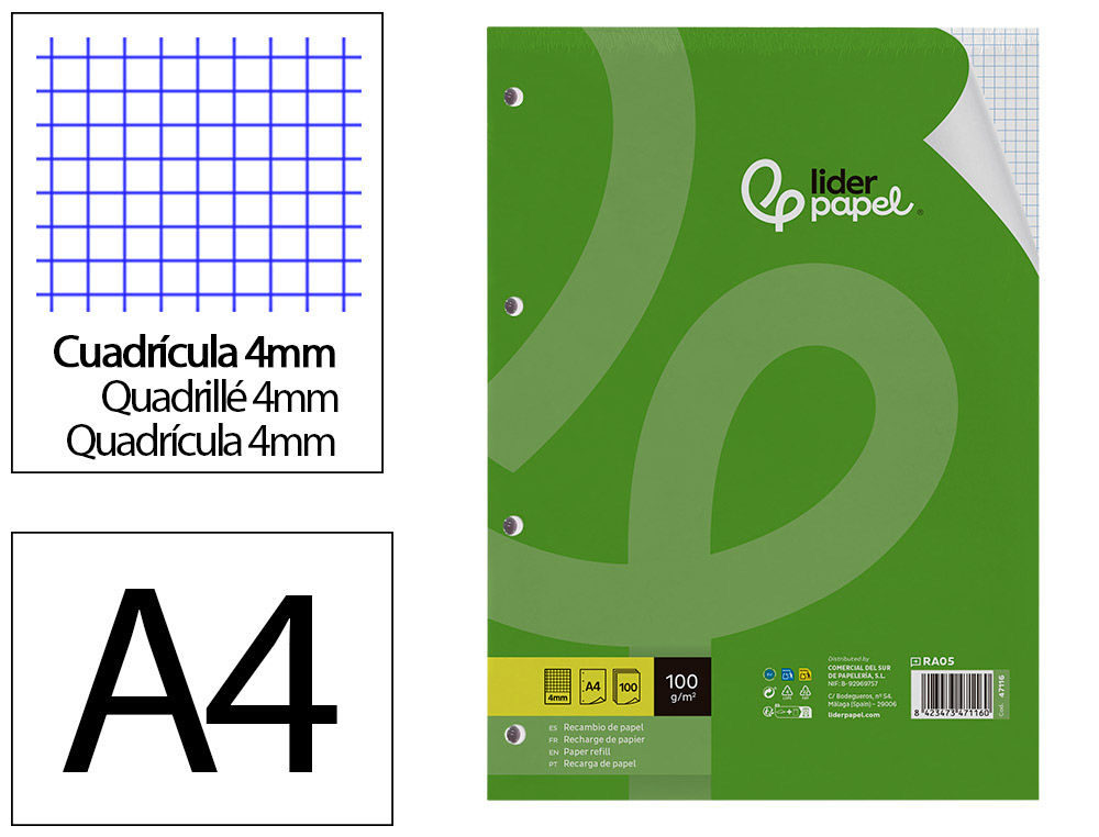 Oxford Recambio de hojas, A4, 4 taladros para archivador, pautado, 100 hojas  - Recambios de Papel Kalamazoo