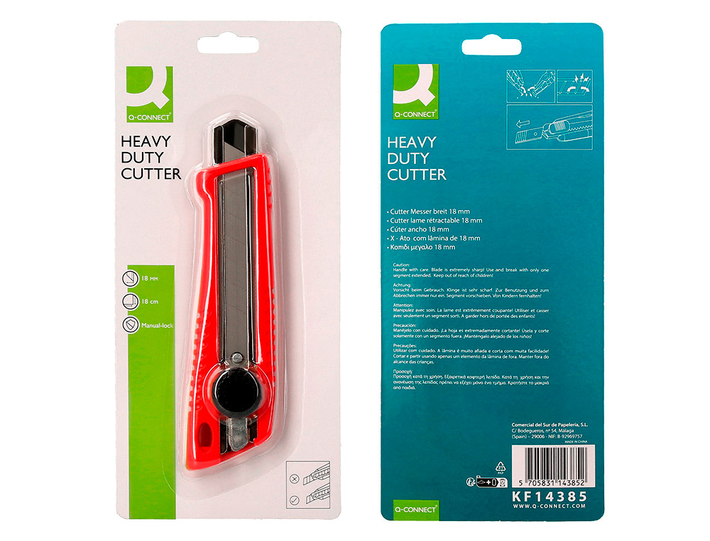 CUTER Q-CONNECT PLASTICO ANCHO BLOQUEO DE LA HOJA POR RUEDA GUIA METALICA PARA LA CUCHILLA 18 MM XD-190 BLISTER 1 UNIDA