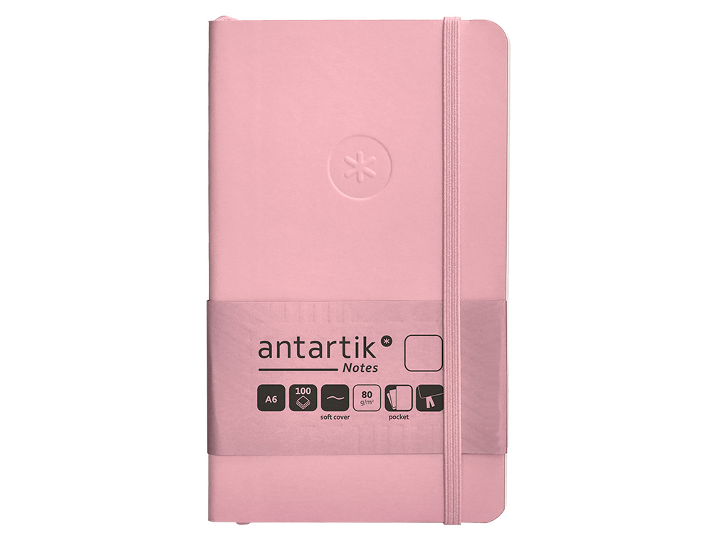 CUADERNO CON GOMILLA ANTARTIK NOTES TAPA BLANDA A6 HOJAS LISAS ROSA PASTEL 100 HOJAS 80 GR FSC