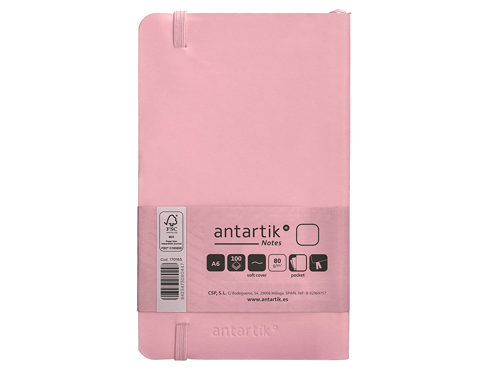 CUADERNO CON GOMILLA ANTARTIK NOTES TAPA BLANDA A6 HOJAS LISAS ROSA PASTEL 100 HOJAS 80 GR FSC