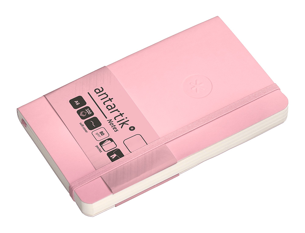 CUADERNO CON GOMILLA ANTARTIK NOTES TAPA BLANDA A6 HOJAS LISAS ROSA PASTEL 100 HOJAS 80 GR FSC