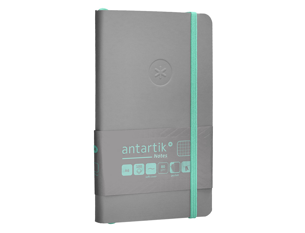 CUADERNO CON GOMILLA ANTARTIK NOTES TAPA BLANDA A6 CUADRICULA GRIS Y TURQUESA 100 HOJAS 80 GR FSC