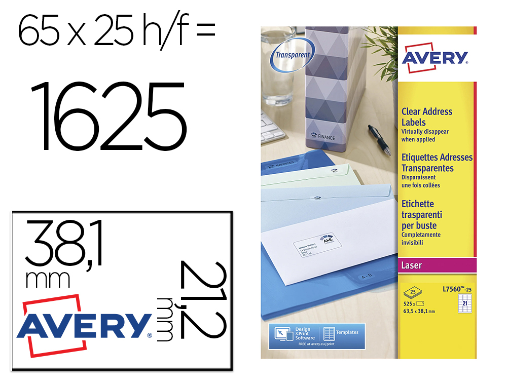 ETIQUETA ADHESIVAS RESISTENTE AVERY TRANSPARENTE 38,1X21,2 MM CAJA DE 1625 UNIDADES
