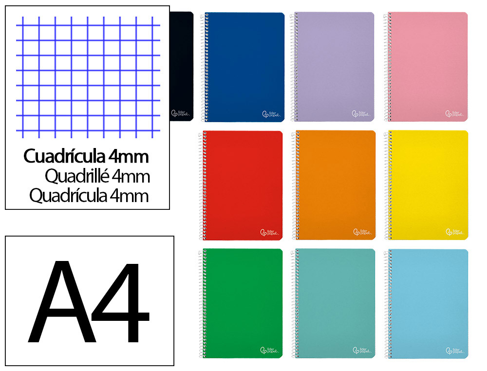 CUADERNO ESPIRAL LIDERPAPEL A4 WITTY TAPA DURA 80H 90GR CUADRO 4MM CON MARGEN COLORES SURTIDOS