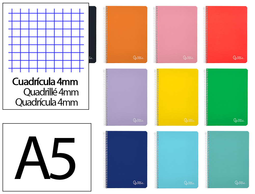 CUADERNO ESPIRAL LIDERPAPEL A5 WITTY TAPA DURA 80H 90GR CUADRO 4MM CON MARGEN COLORES SURTIDOS
